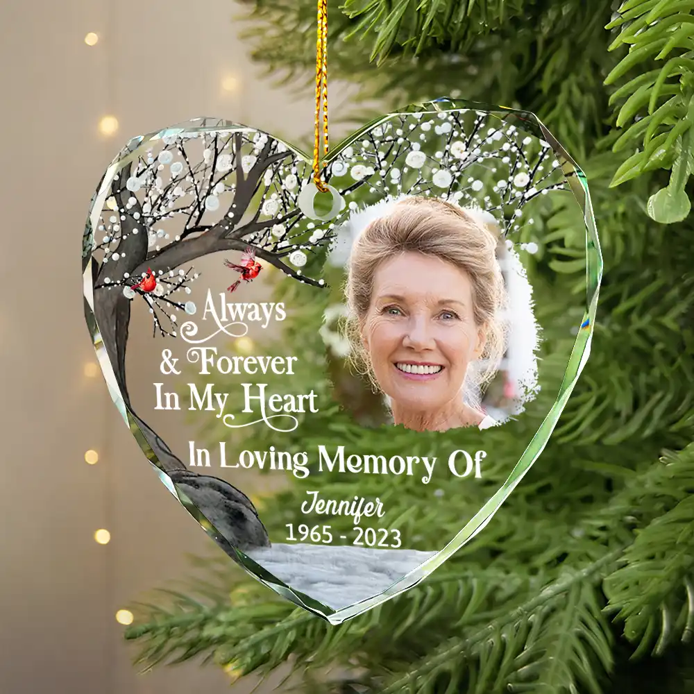 Custom Photo Always And Forever In Our Hearts Memorial - Personalized Heart Shaped Glass Ornament - Image 2