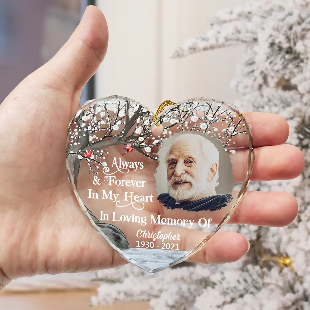 Custom Photo Always And Forever In Our Hearts Memorial - Personalized Heart Shaped Glass Ornament - Image 3