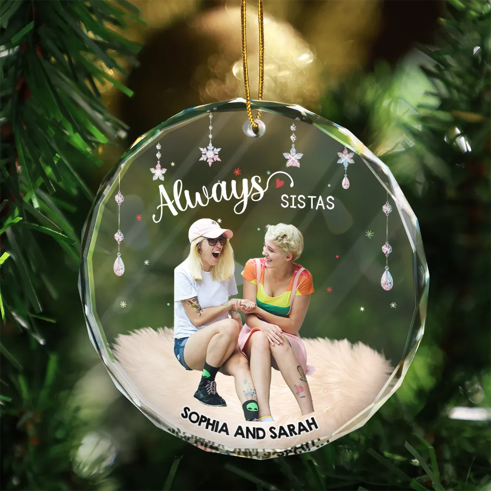 Custom Photo Always Besties - Personalized Circle Glass Ornament - Image 4