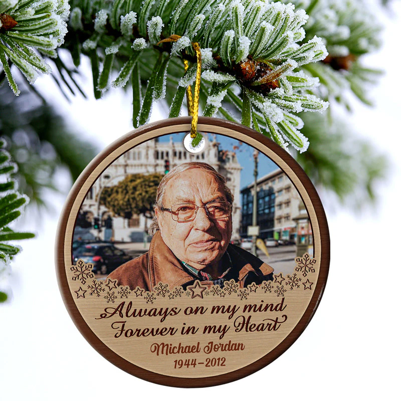 Custom Photo Always On My Mind Forever In My Heart - Christmas Gift - Memorial Gift For Family - Personalized Custom Circle Ceramic Ornament - Image 3