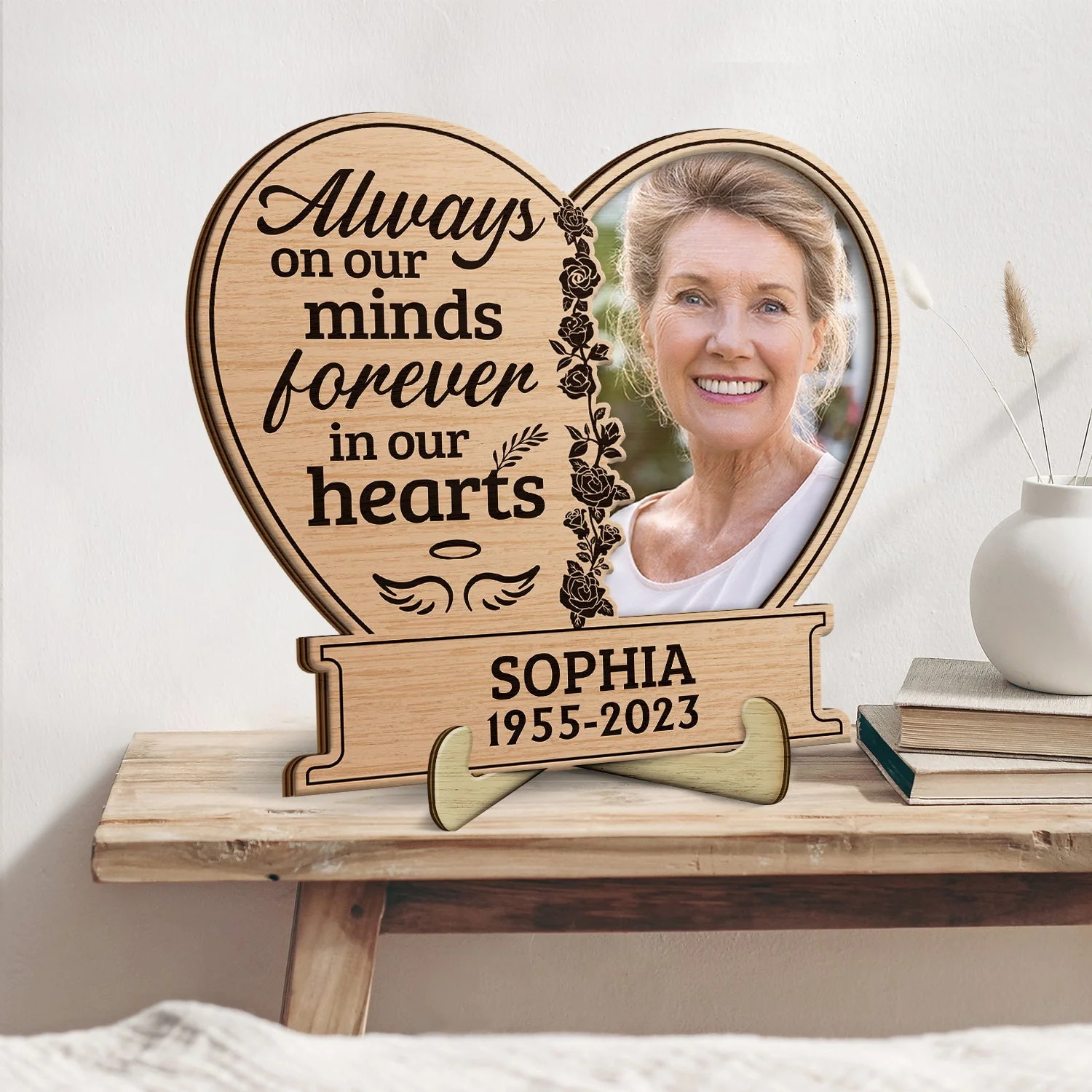 Custom Photo Always On Our Minds Forever In Our Hearts - Memorial Gift For Family, Friends, Pet Lovers - Personalized 2-Layered Wooden Plaque With Stand - Image 2