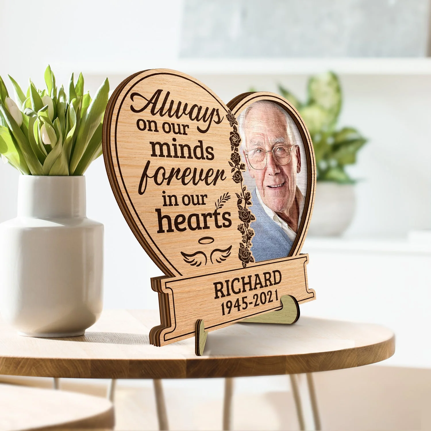 Custom Photo Always On Our Minds Forever In Our Hearts - Memorial Gift For Family, Friends, Pet Lovers - Personalized 2-Layered Wooden Plaque With Stand - Image 3