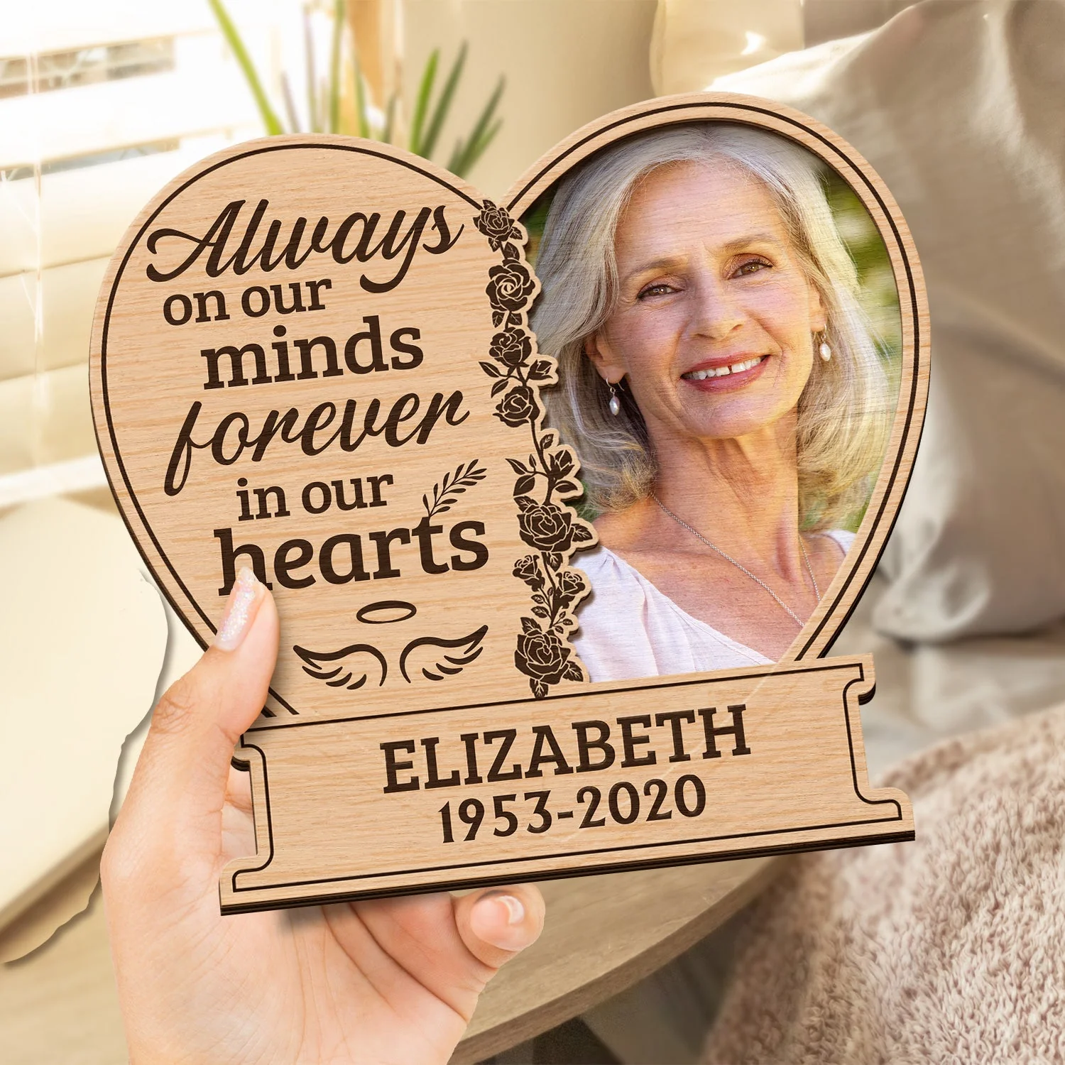 Custom Photo Always On Our Minds Forever In Our Hearts - Memorial Gift For Family, Friends, Pet Lovers - Personalized 2-Layered Wooden Plaque With Stand - Image 4