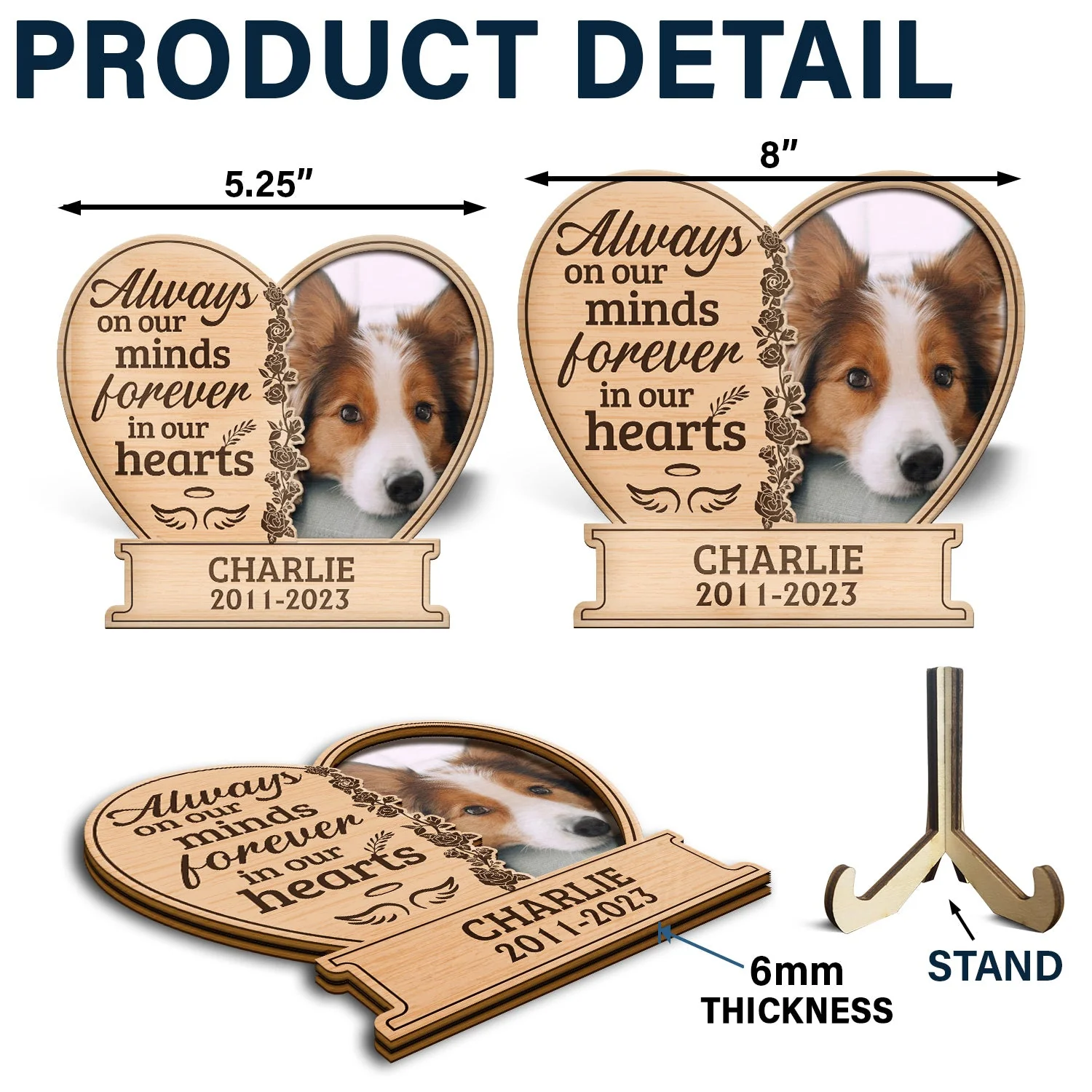 Custom Photo Always On Our Minds Forever In Our Hearts - Memorial Gift For Family, Friends, Pet Lovers - Personalized 2-Layered Wooden Plaque With Stand - Image 5