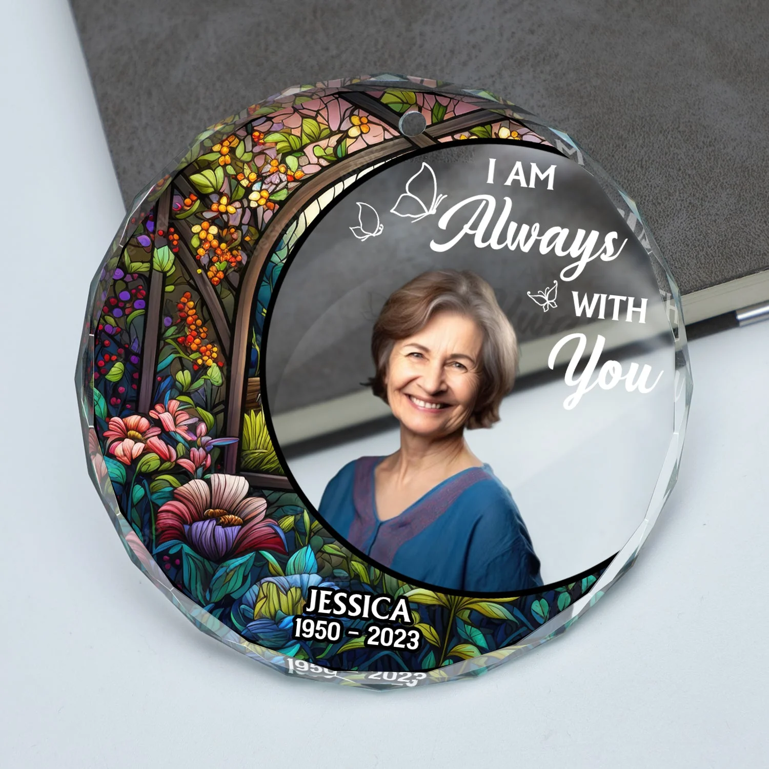 Custom Photo Always With You - Christmas Memorial Gift - Personalized Circle Glass Ornament - Image 3