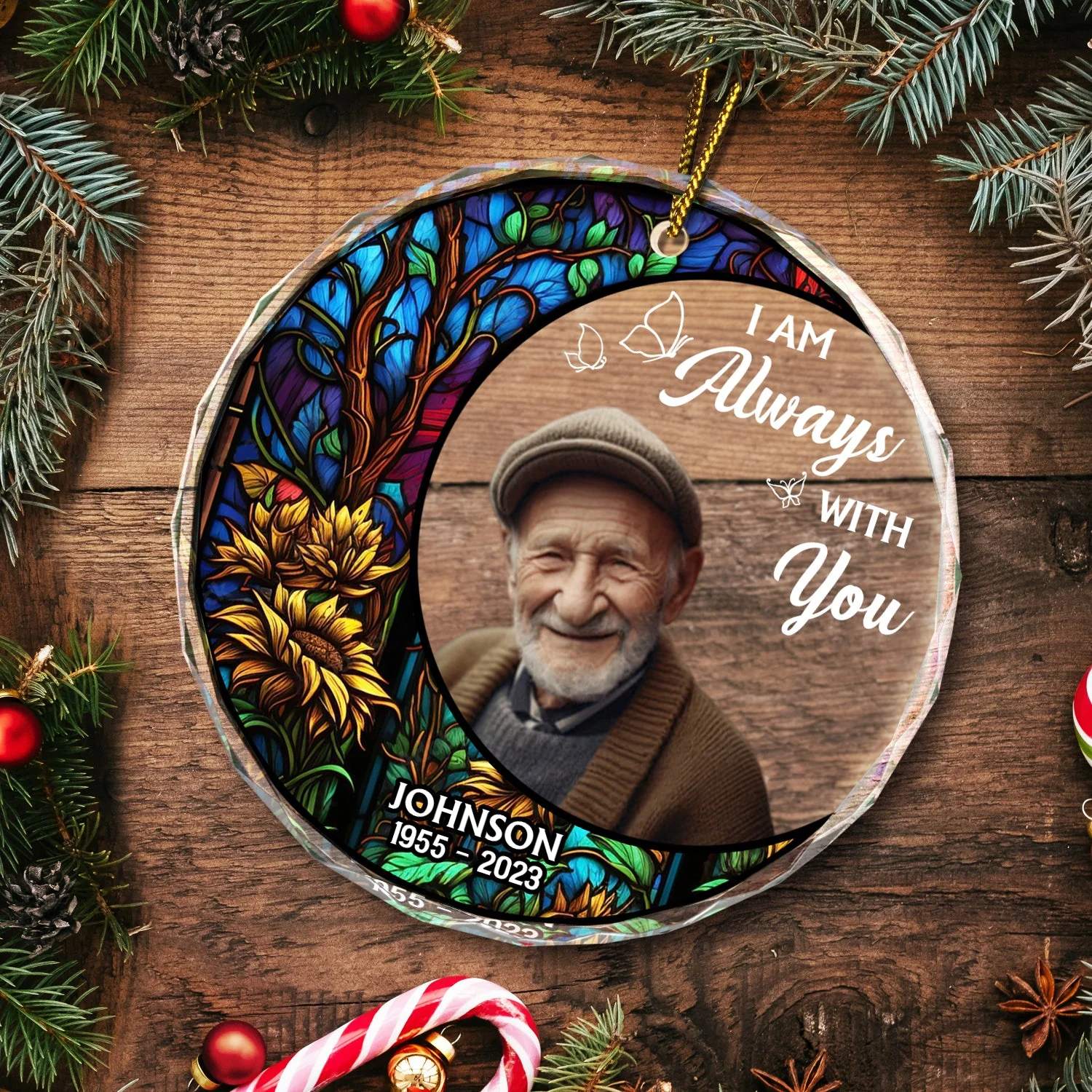 Custom Photo Always With You - Christmas Memorial Gift - Personalized Circle Glass Ornament - Image 6