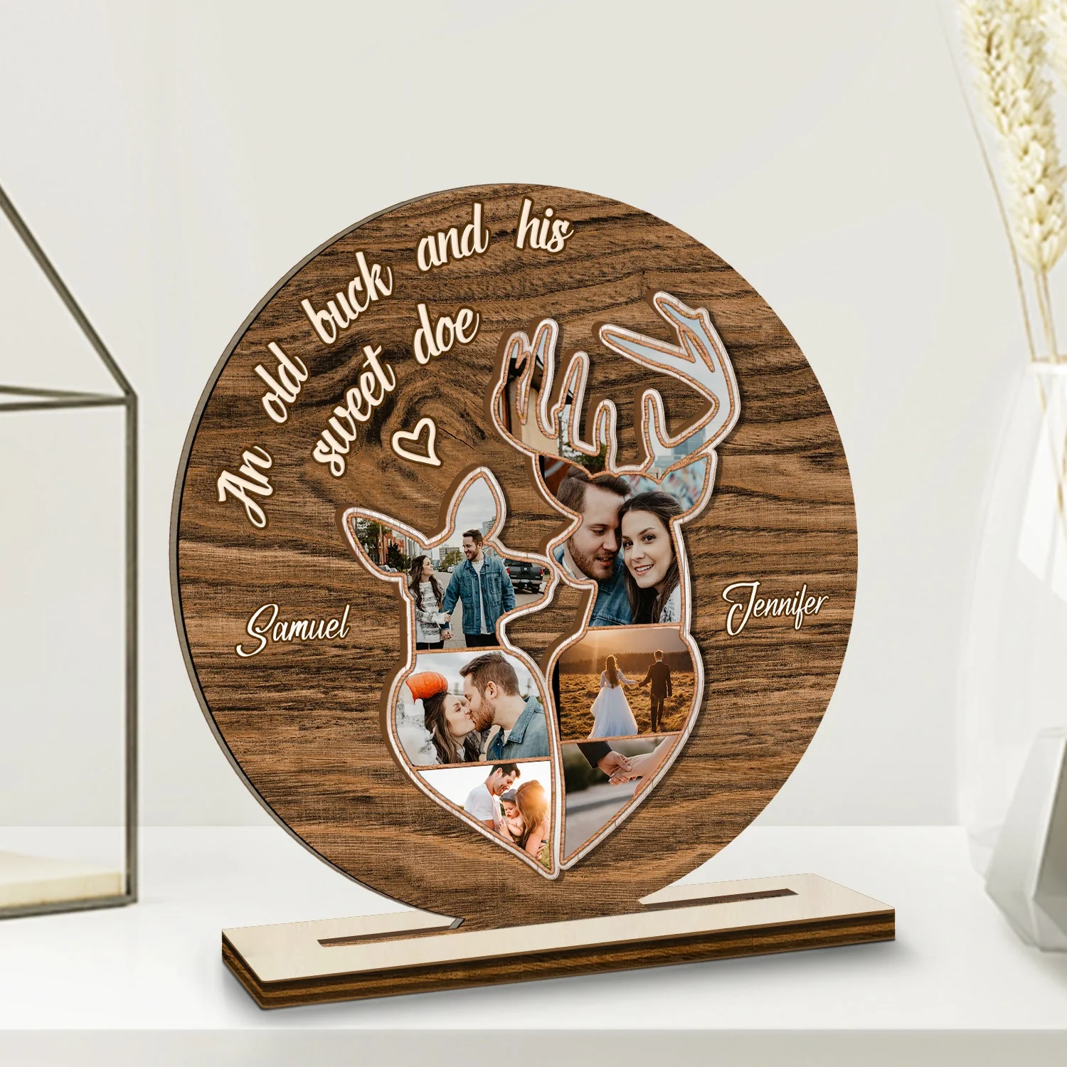 Custom Photo An Old Buck And His Sweet Doe - Birthday, Anniversary Gift For Spouse, Husband, Wife, Couple - Personalized Custom Shaped 2-Layered Wooden Plaque - Image 2