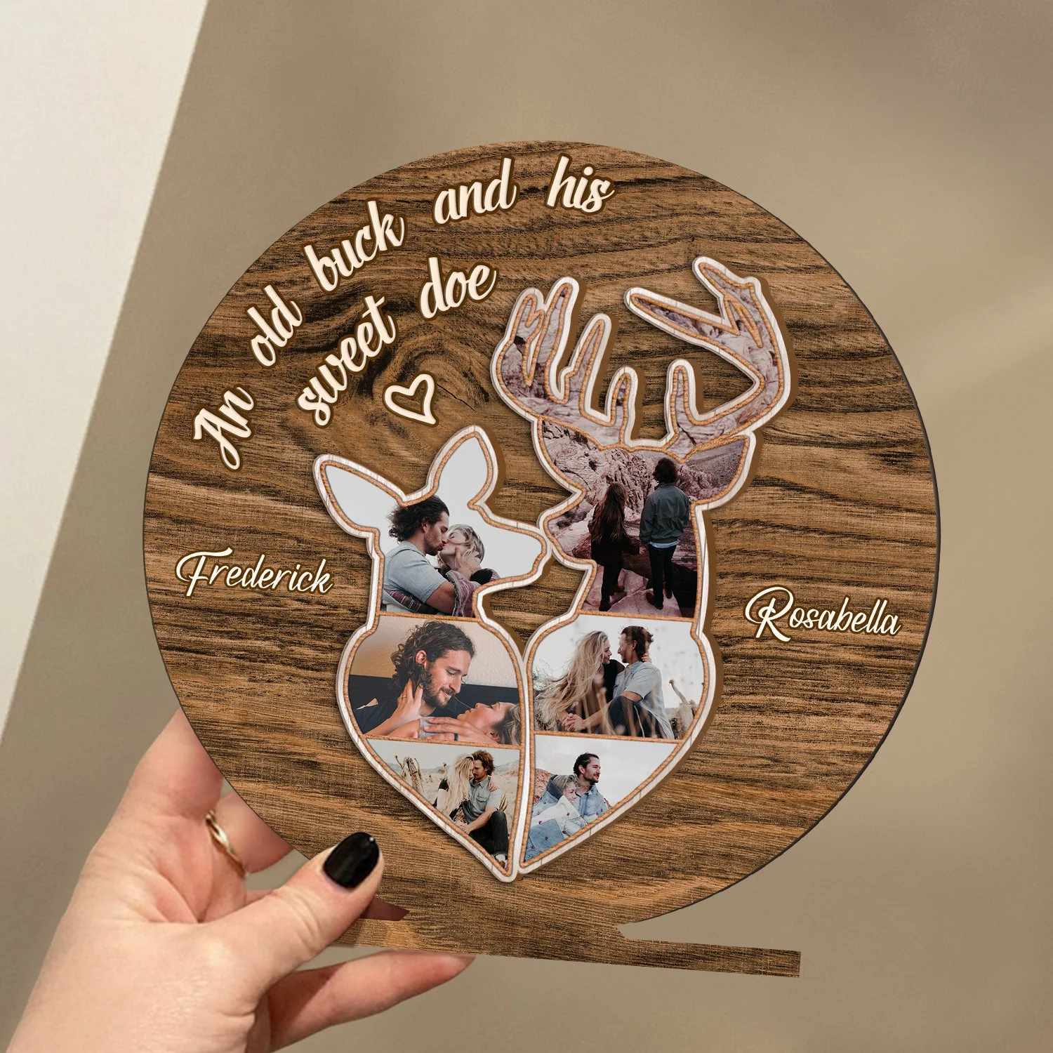 Custom Photo An Old Buck And His Sweet Doe - Birthday, Anniversary Gift For Spouse, Husband, Wife, Couple - Personalized Custom Shaped 2-Layered Wooden Plaque - Image 3