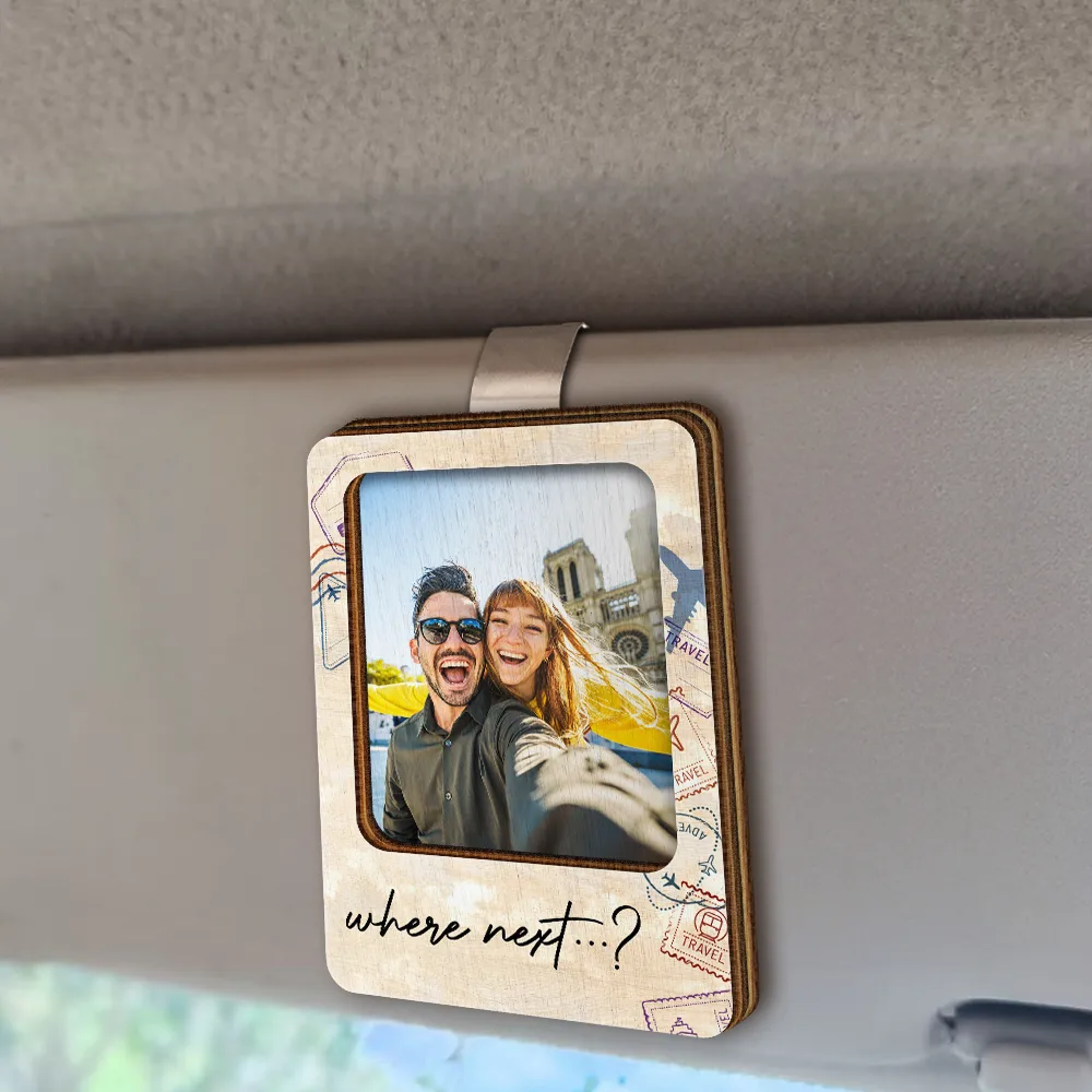 Custom Photo And So The Adventure Begins Traveling Couple - Personalized Custom Shaped Car Visor Clip - Image 2
