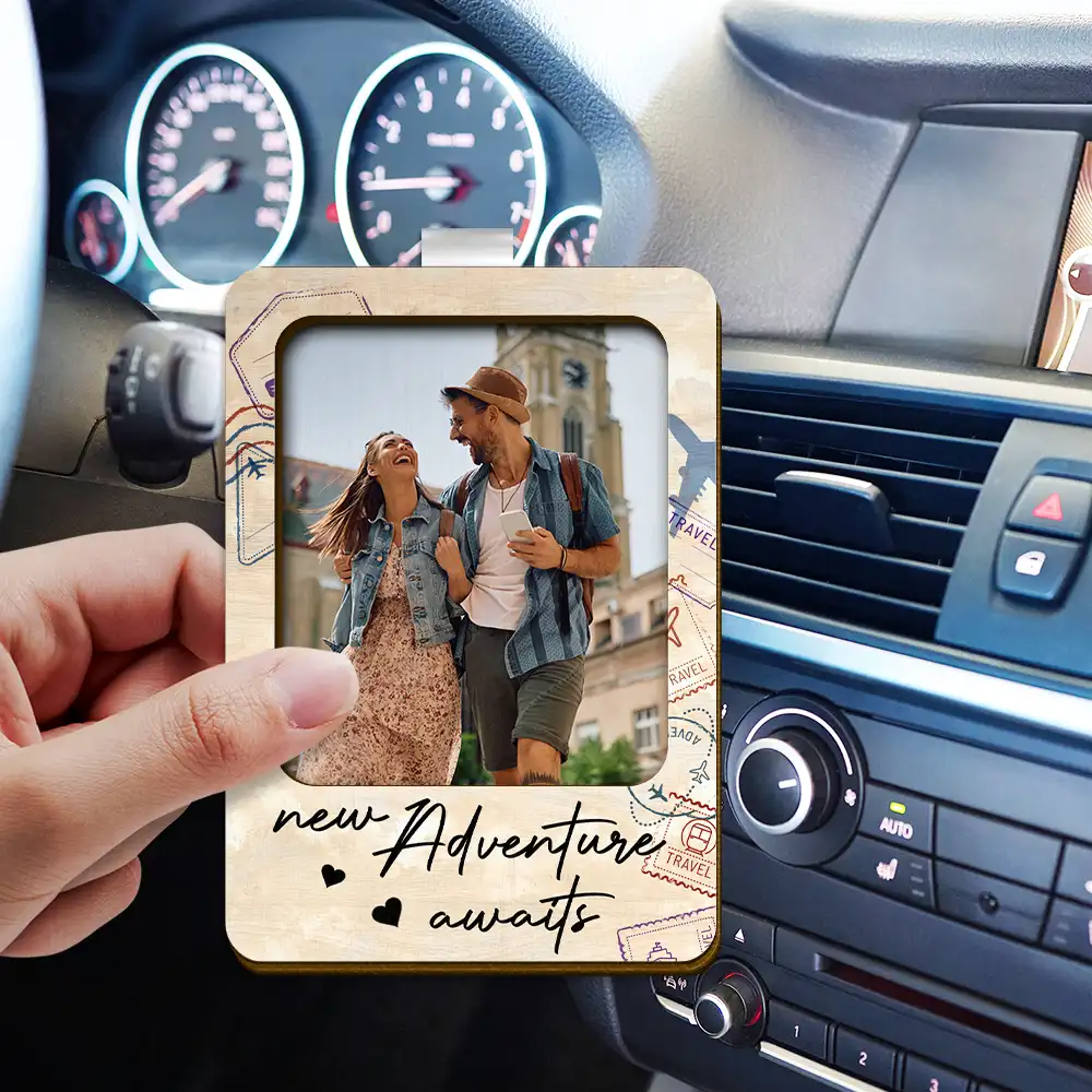 Custom Photo And So The Adventure Begins Traveling Couple - Personalized Custom Shaped Car Visor Clip - Image 3