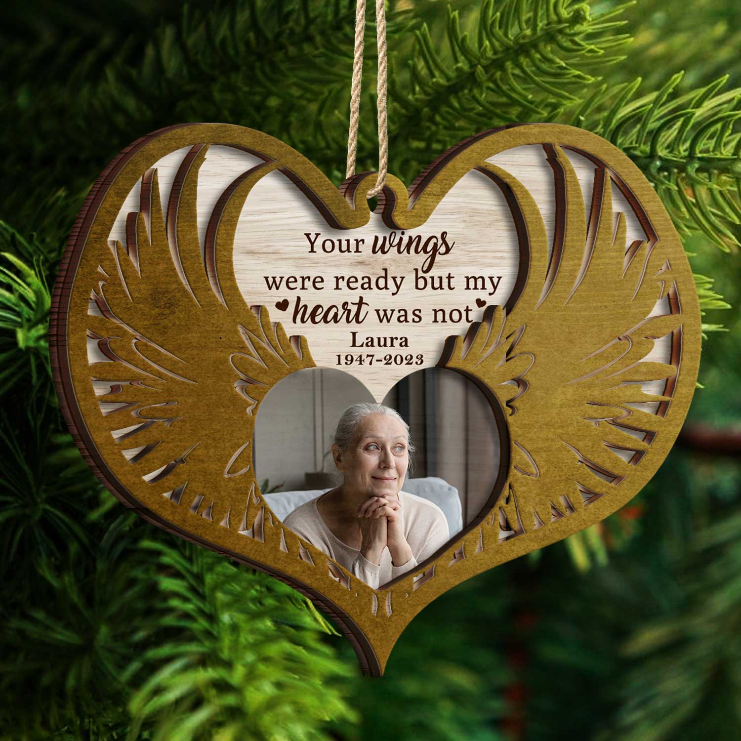 Custom Photo Angel Wings - Christmas Keepsake, Family Memorial Gift - Personalized 2-Layered Wooden Ornament - Image 4