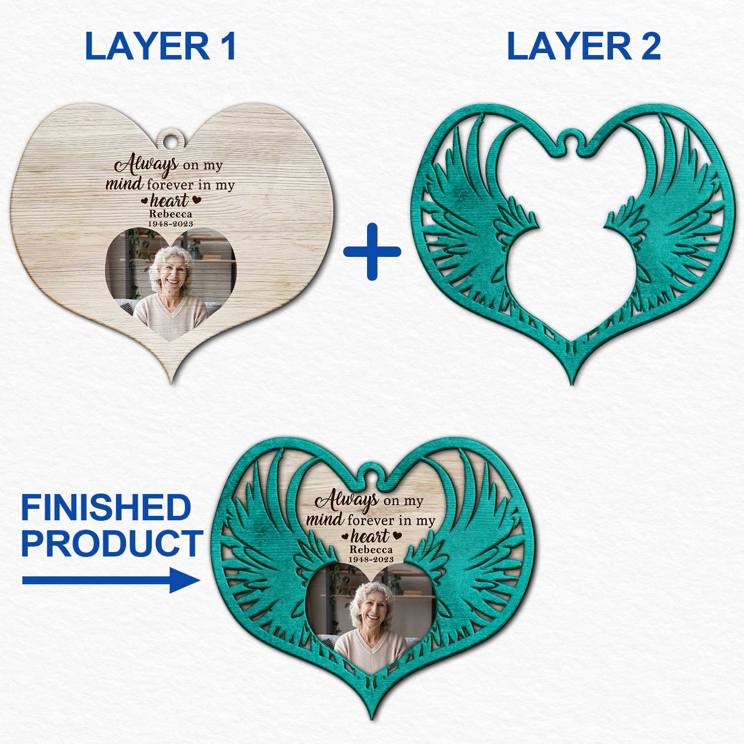 Custom Photo Angel Wings - Christmas Keepsake, Family Memorial Gift - Personalized 2-Layered Wooden Ornament - Image 6
