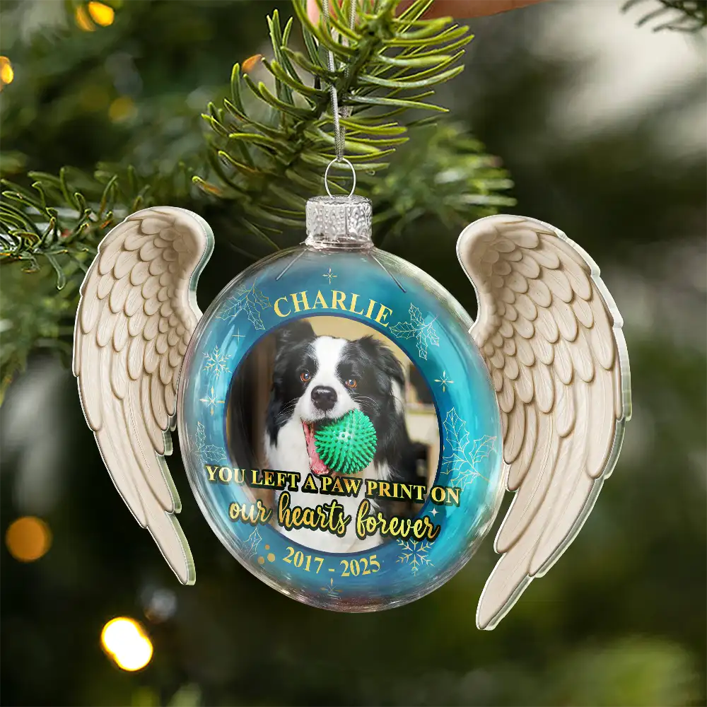 Custom Photo Angel Wings Paw Pet Memorial Forever Loved - Personalized Custom Shaped Glass Ornament - Image 3