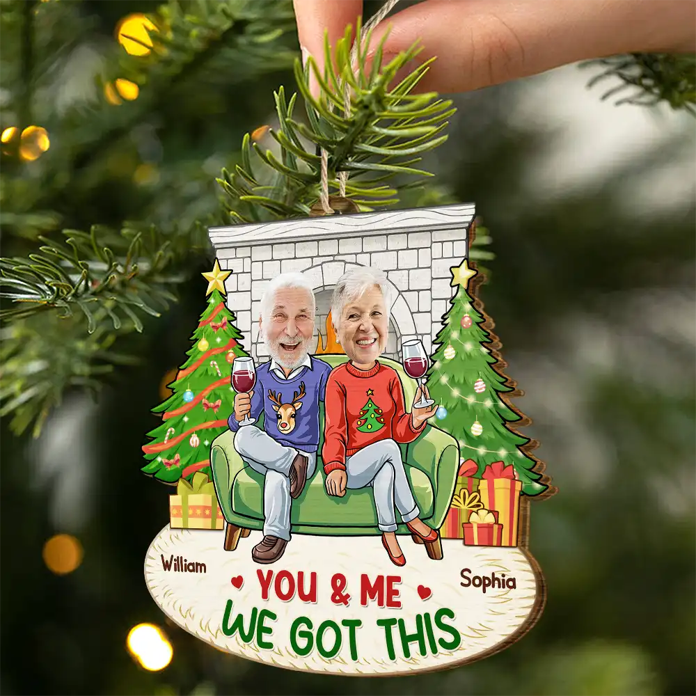 Custom Photo Annoying Each Other Christmas Couple - Personalized Custom Shaped Wooden Ornament - Image 3