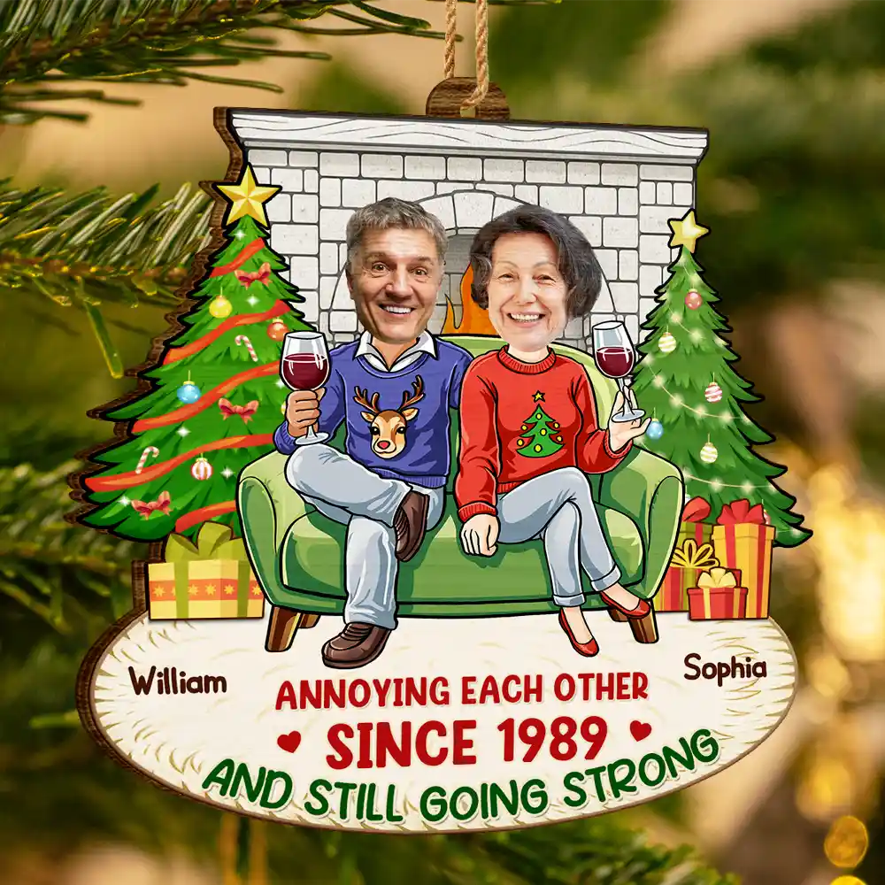 Custom Photo Annoying Each Other Christmas Couple - Personalized Custom Shaped Wooden Ornament - Image 4