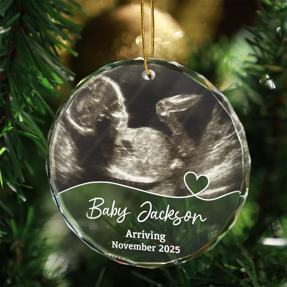 Custom Photo Arriving Baby First Christmas Ultrasound - Personalized Circle Glass Ornament - Image 3
