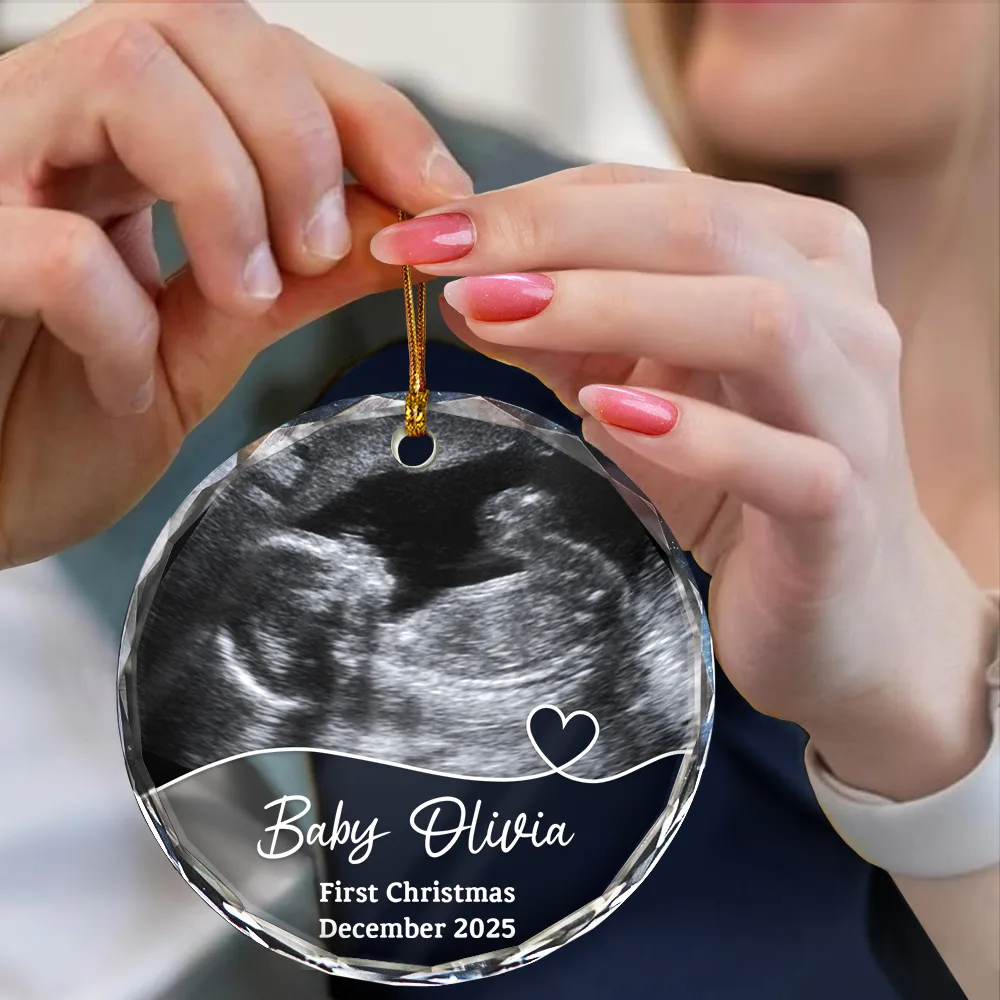 Custom Photo Arriving Baby First Christmas Ultrasound - Personalized Circle Glass Ornament - Image 4