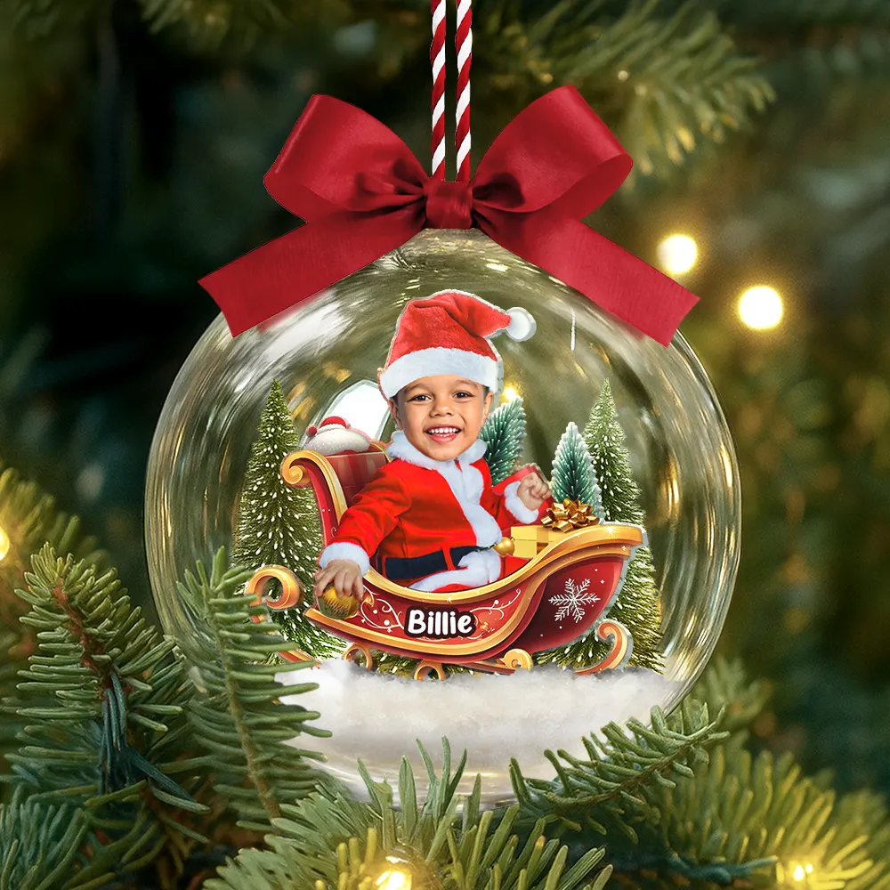 Custom Photo Baby And Kid In Sleigh - Personalized 3D Acrylic Ball Ornament - Image 4