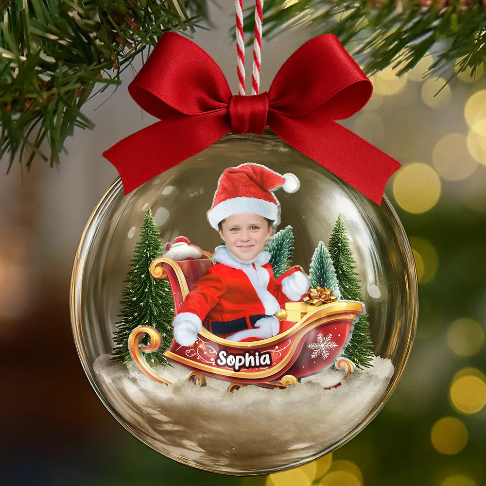 Custom Photo Baby And Kid In Sleigh - Personalized 3D Acrylic Ball Ornament - Image 7