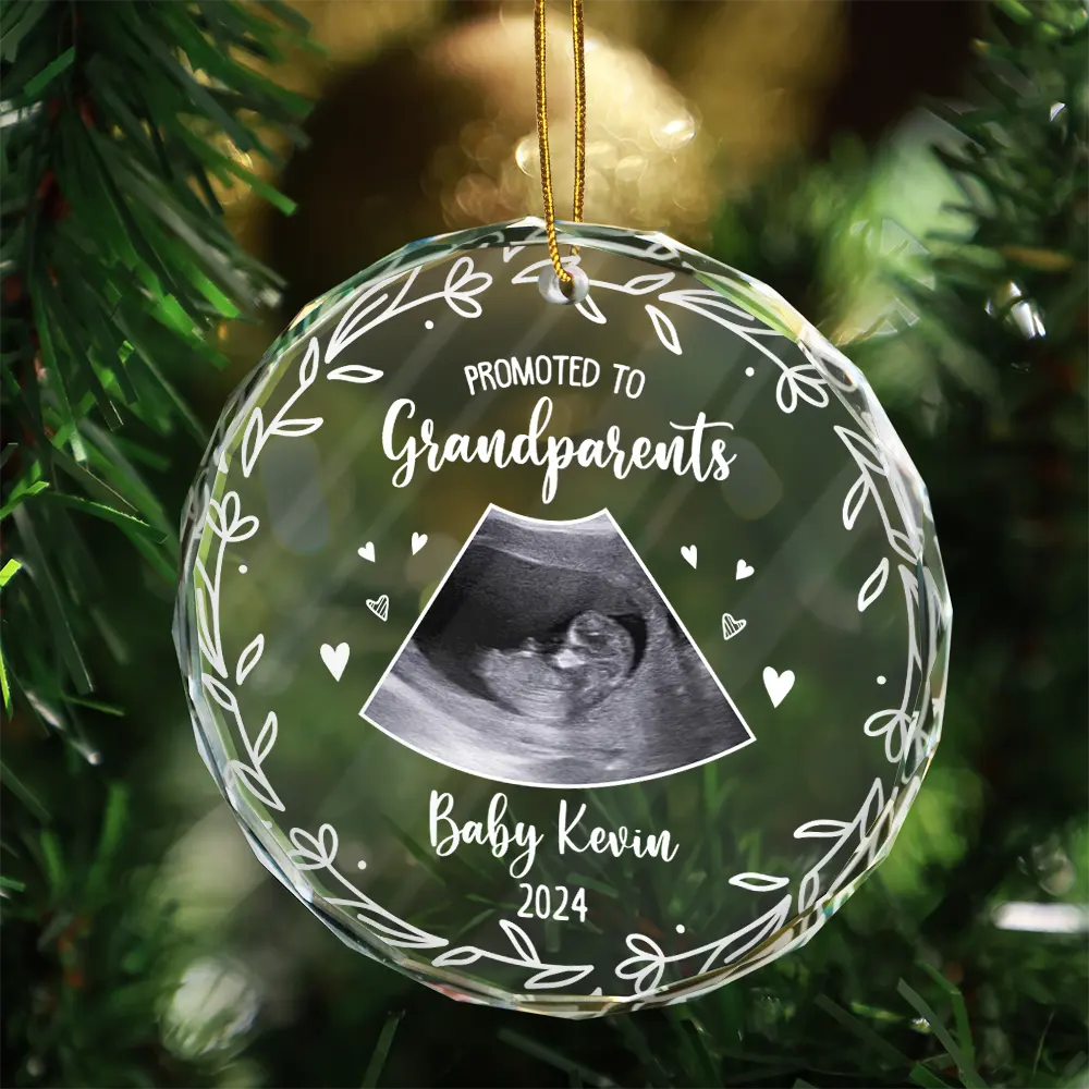 Custom Photo Baby Announcement Promoted To - Personalized Circle Glass Ornament - Image 3