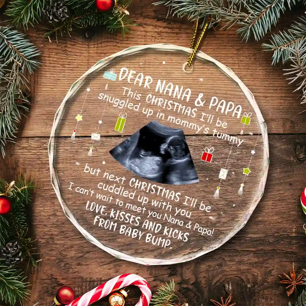 Custom Photo Baby Bump To Daddy, Mommy New Parents Christmas - Personalized Circle Glass Ornament - Image 5