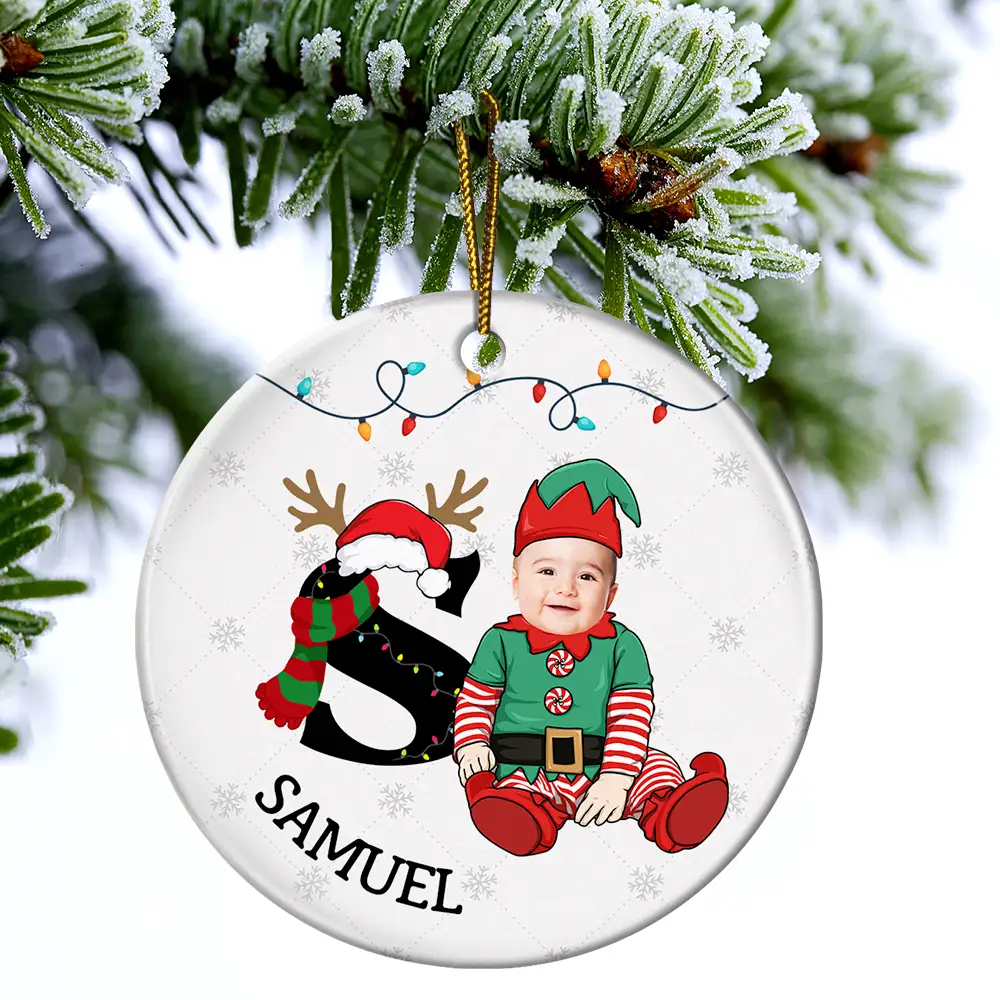 Custom Photo Baby Christmas Costumes Monogram - Personalized Circle Ceramic Ornament - Image 5