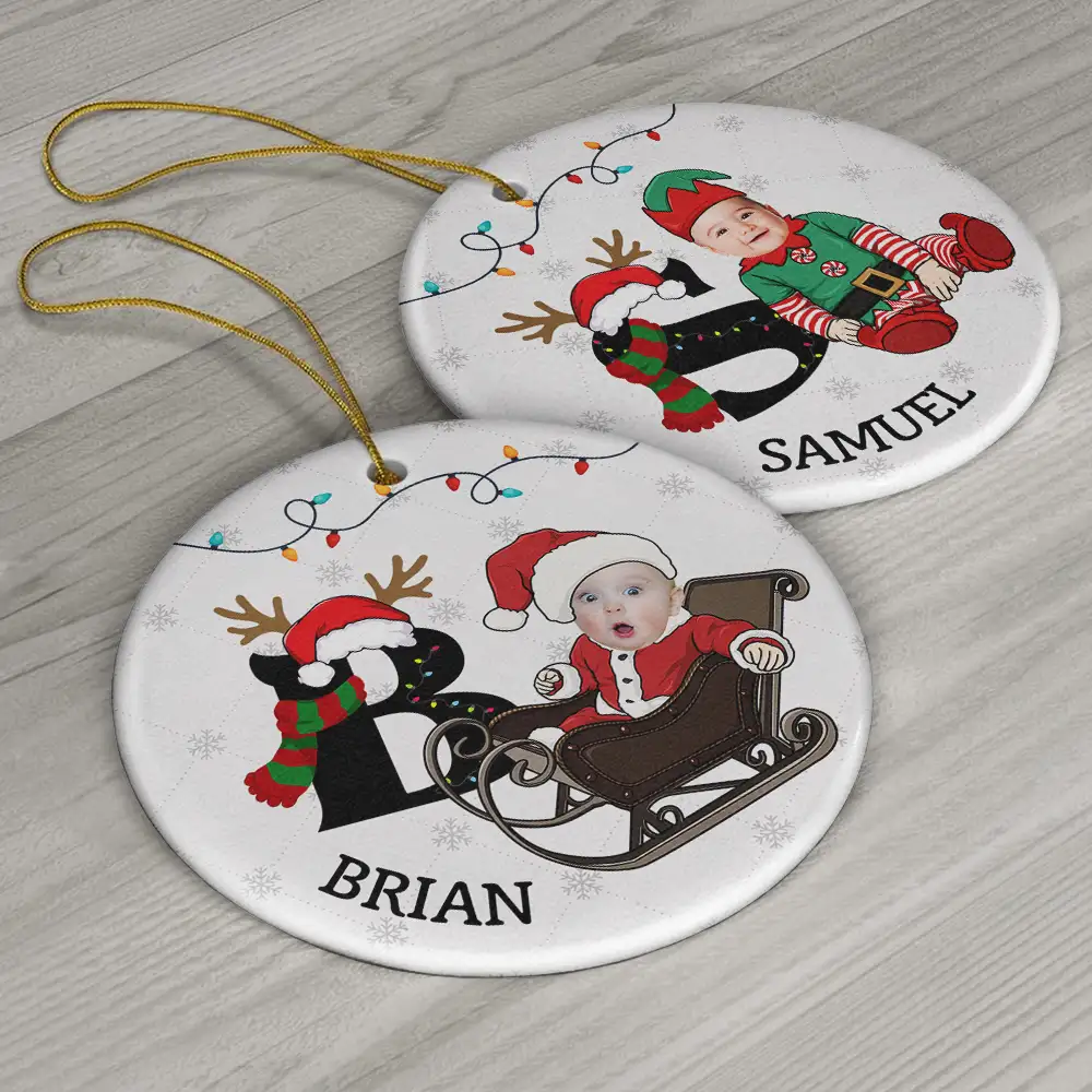 Custom Photo Baby Christmas Costumes Monogram - Personalized Circle Ceramic Ornament - Image 7