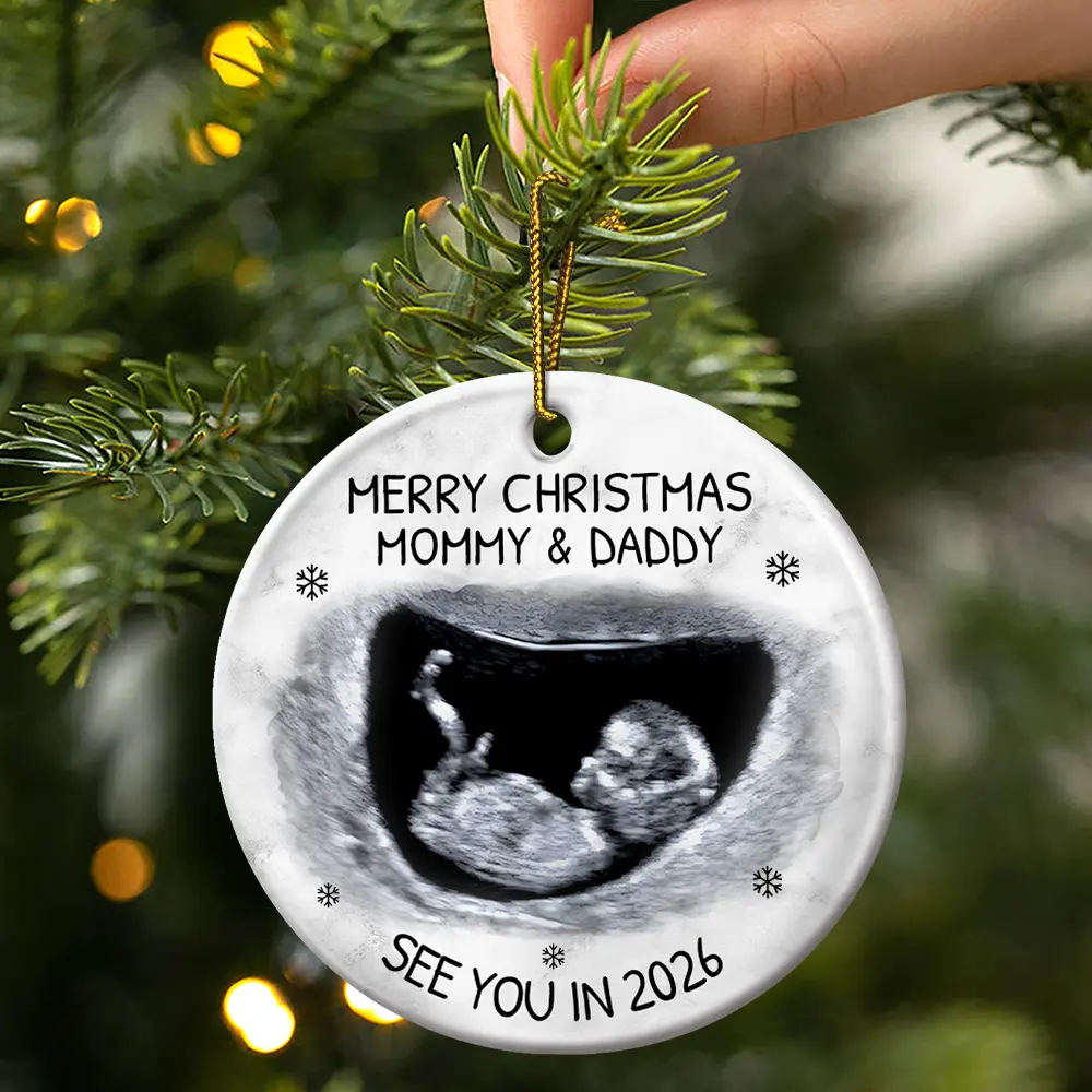 Custom Photo Baby Expecting See You In 2026 - Personalized Circle Ceramic Ornament - Image 3