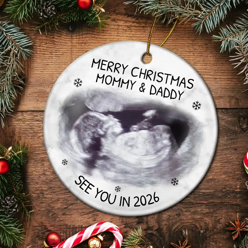 Custom Photo Baby Expecting See You In 2026 - Personalized Circle Ceramic Ornament - Image 5