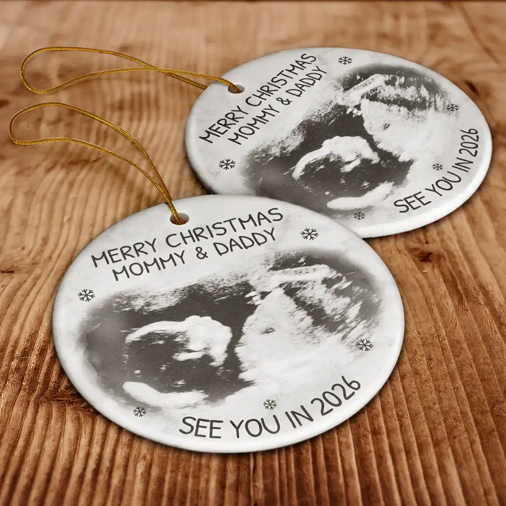 Custom Photo Baby Expecting See You In 2026 - Personalized Circle Ceramic Ornament - Image 6
