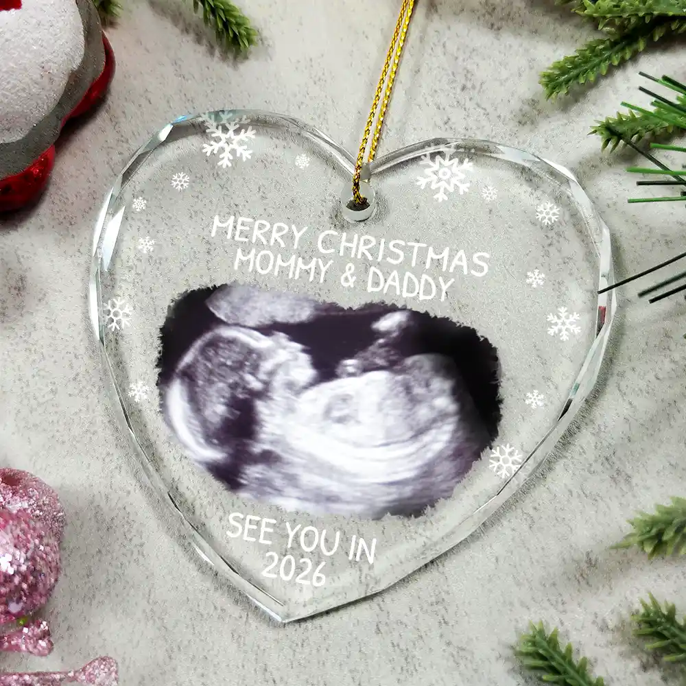 Custom Photo Baby Expecting See You In 2026 - Personalized Heart Shaped Glass Ornament - Image 4