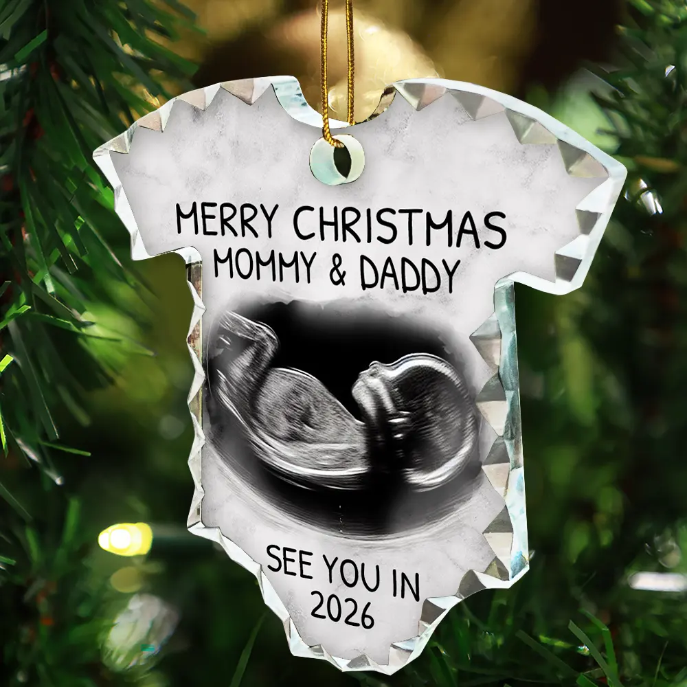 Custom Photo Baby Expecting See You In 2026 - Personalized Onesie Shaped Glass Ornament - Image 3