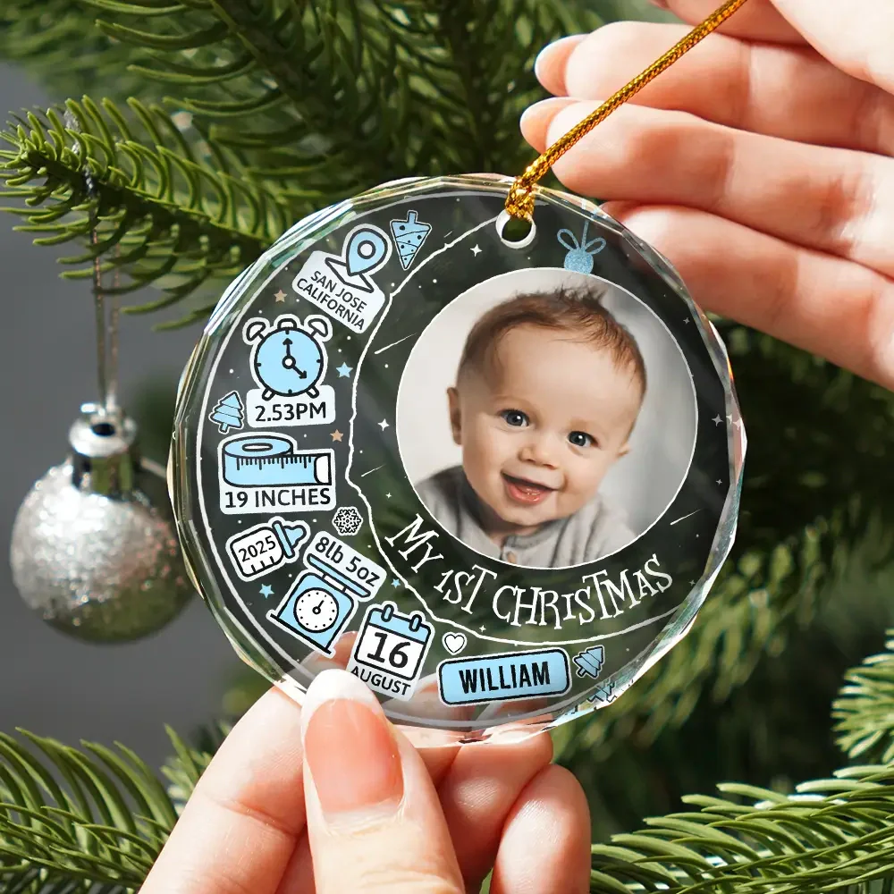 Custom Photo Baby First Christmas Information Icon - Personalized Circle Glass Ornament - Image 2