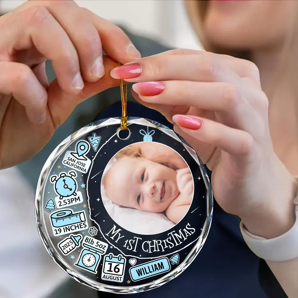 Custom Photo Baby First Christmas Information Icon - Personalized Circle Glass Ornament - Image 4