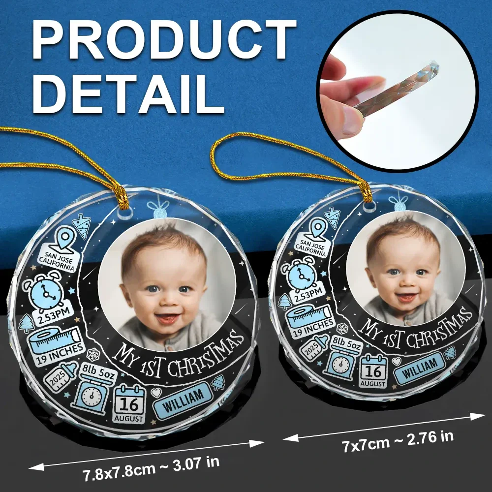 Custom Photo Baby First Christmas Information Icon - Personalized Circle Glass Ornament - Image 6