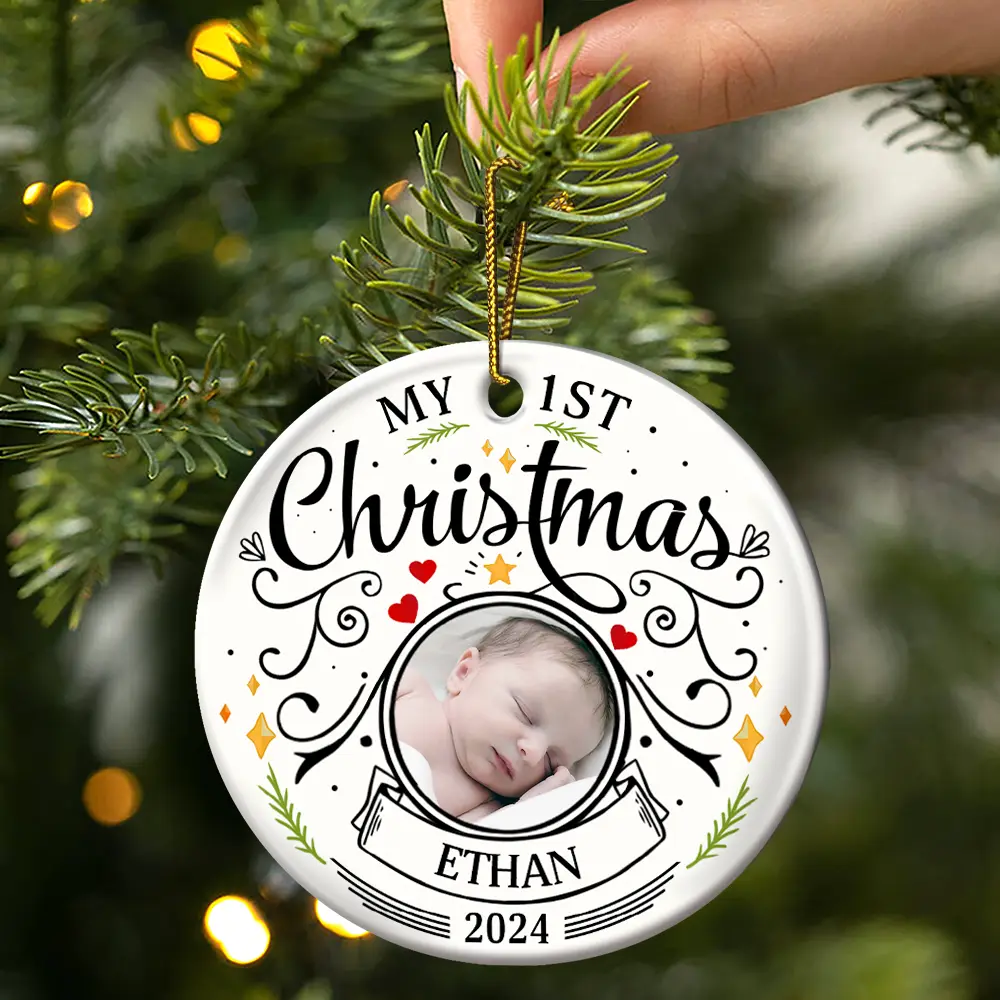 Custom Photo Baby First Christmas Parents - Personalized Circle Ceramic Ornament - Image 3