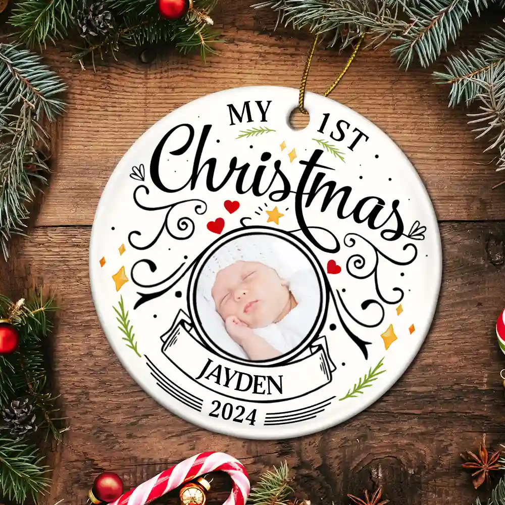Custom Photo Baby First Christmas Parents - Personalized Circle Ceramic Ornament - Image 5