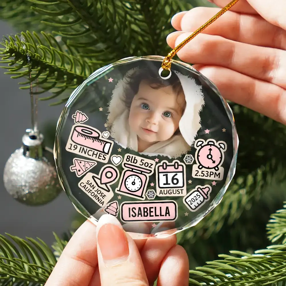 Custom Photo Baby First Christmas - Personalized Circle Glass Ornament - Image 2
