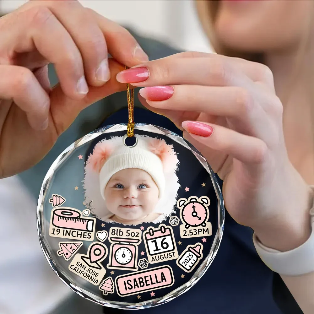 Custom Photo Baby First Christmas - Personalized Circle Glass Ornament - Image 4