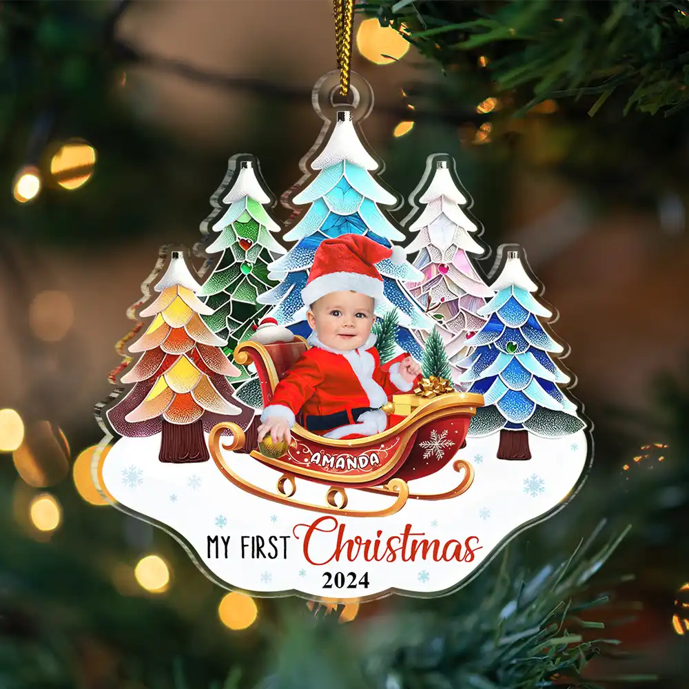 Custom Photo Baby In Sleigh First Christmas - Personalized Custom Shaped Acrylic Ornament - Image 4