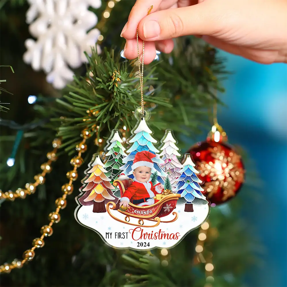 Custom Photo Baby In Sleigh First Christmas - Personalized Custom Shaped Acrylic Ornament - Image 5