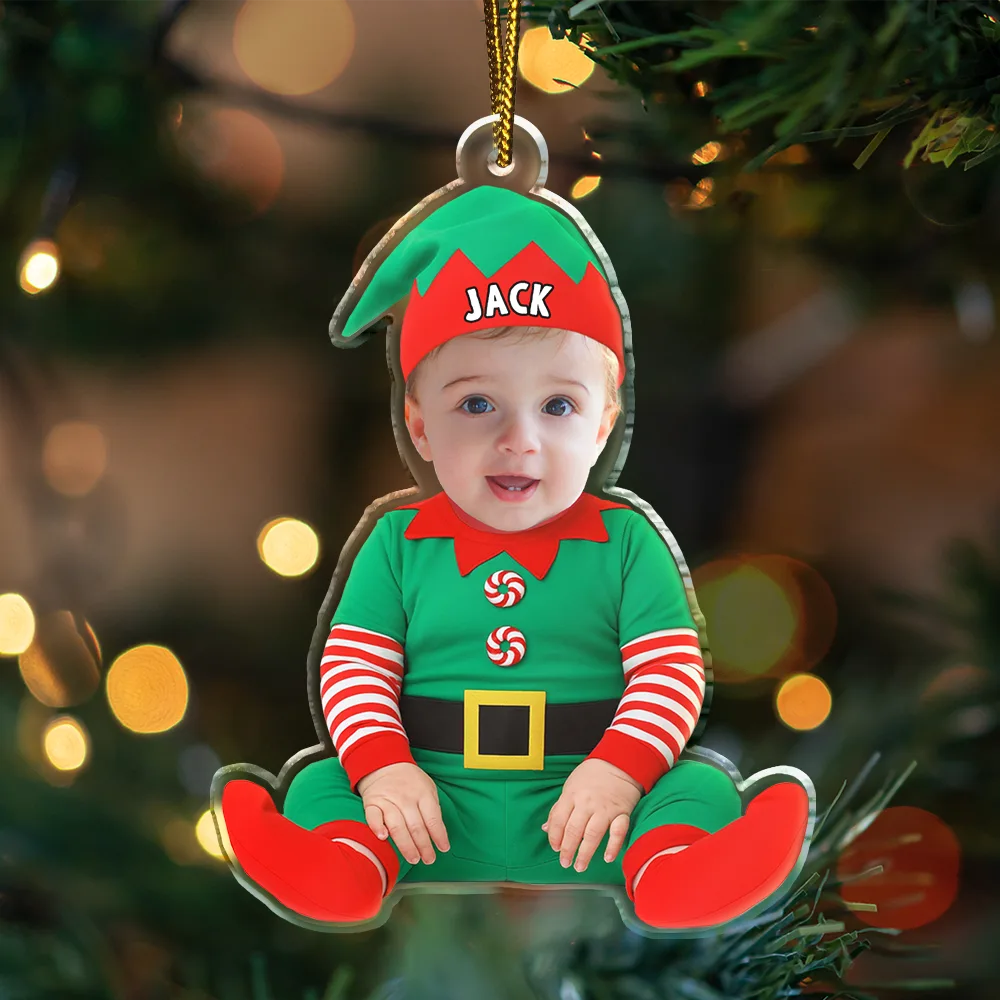 Custom Photo Baby Newborn In Elf Costume - Personalized Custom Shaped Acrylic Ornament - Image 4