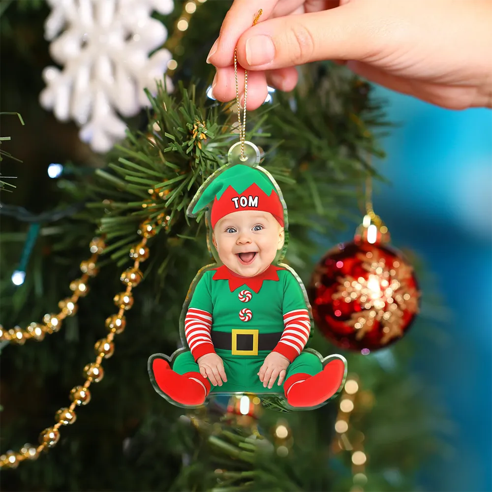 Custom Photo Baby Newborn In Elf Costume - Personalized Custom Shaped Acrylic Ornament - Image 5
