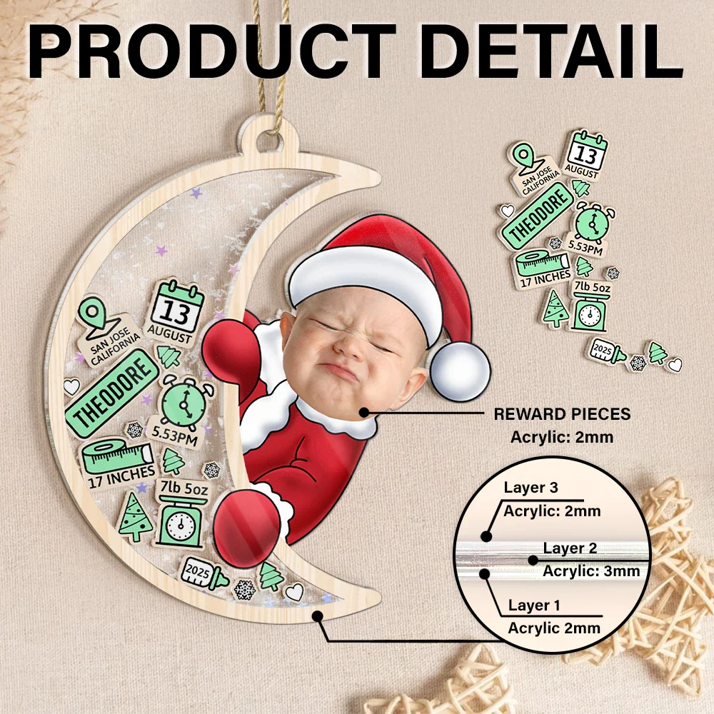 Custom Photo Baby Photo First Christmas Moon, Baby Information - Personalized 3-Layered Acrylic Shaker Ornament - Image 3