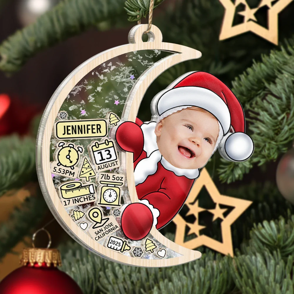 Custom Photo Baby Photo First Christmas Moon, Baby Information - Personalized 3-Layered Acrylic Shaker Ornament - Image 4
