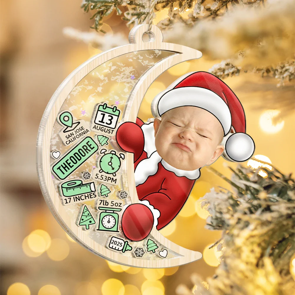 Custom Photo Baby Photo First Christmas Moon, Baby Information - Personalized 3-Layered Acrylic Shaker Ornament - Image 5