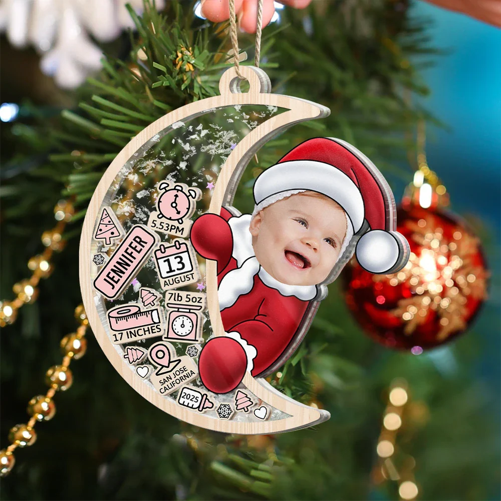 Custom Photo Baby Photo First Christmas Moon, Baby Information - Personalized 3-Layered Acrylic Shaker Ornament - Image 6