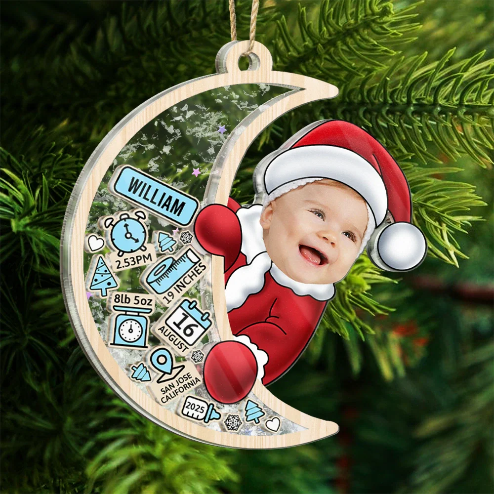 Custom Photo Baby Photo First Christmas Moon, Baby Information - Personalized 3-Layered Acrylic Shaker Ornament - Image 7