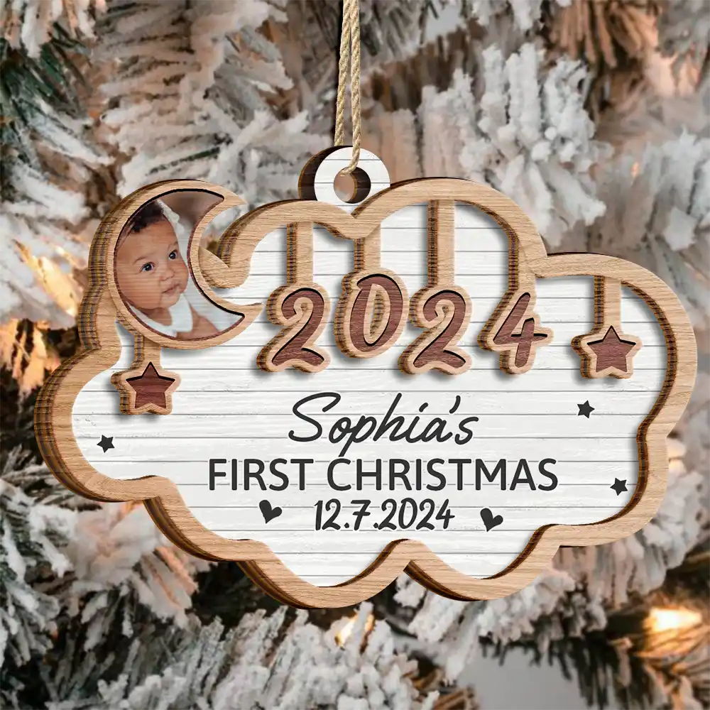 Custom Photo Baby's First Christmas 2024 - Personalized 2-Layered Wooden Ornament - Image 3