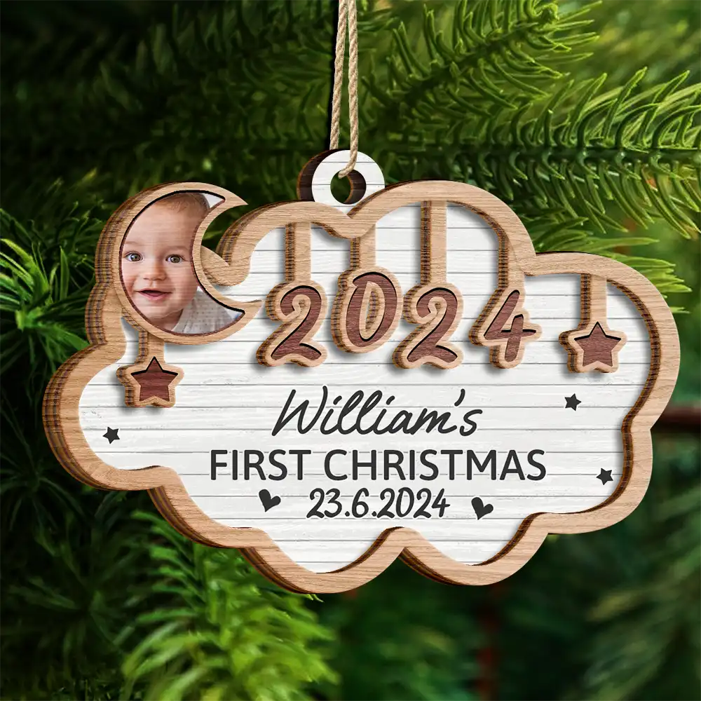 Custom Photo Baby's First Christmas 2024 - Personalized 2-Layered Wooden Ornament - Image 4
